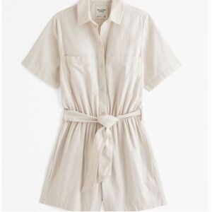 Abercrombie & Fitch Cream Short-Sleeve Button Romper with Tie Waist